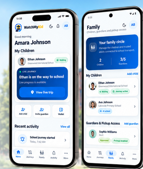 WatchMyKid family app shown on modern iPhone and Android phone mockups